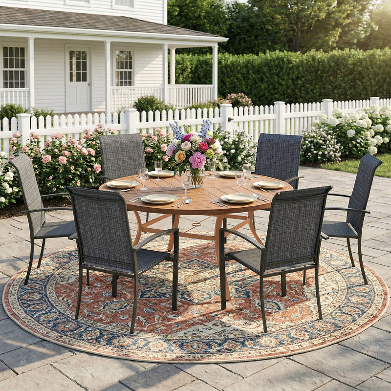 6-Person Round Patio Dining Set With Stackable Textilene Chairs, Brush Wood Brown/Black