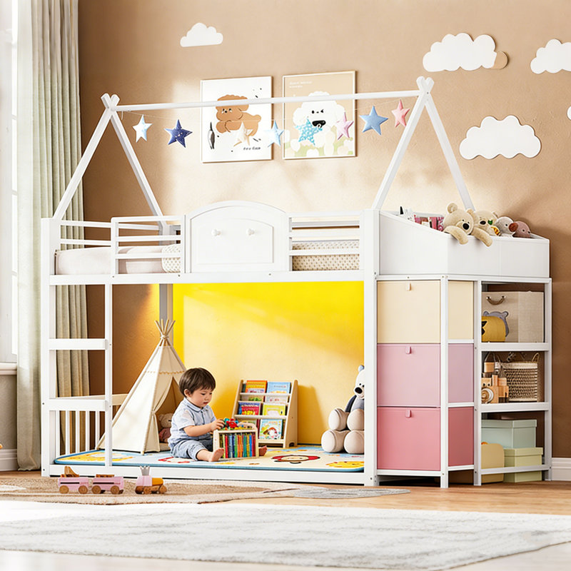 Loft bed with 3 Drawers and 2-Tier Bookshelf Kids Low Loft Bed with 2 Bedside Storage Boxes White, White