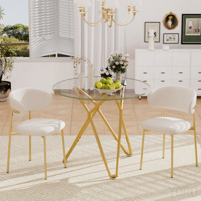 Table de salle à manger ronde en verre trempé de 35,4 po, convenant à 1 à 4 personnes, petite table de salle à manger de cuisine compacte, équipée de pieds de table en métal robustes