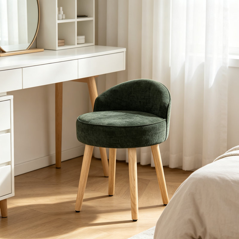 Solid Wood Accent Stool, Green, Chenille