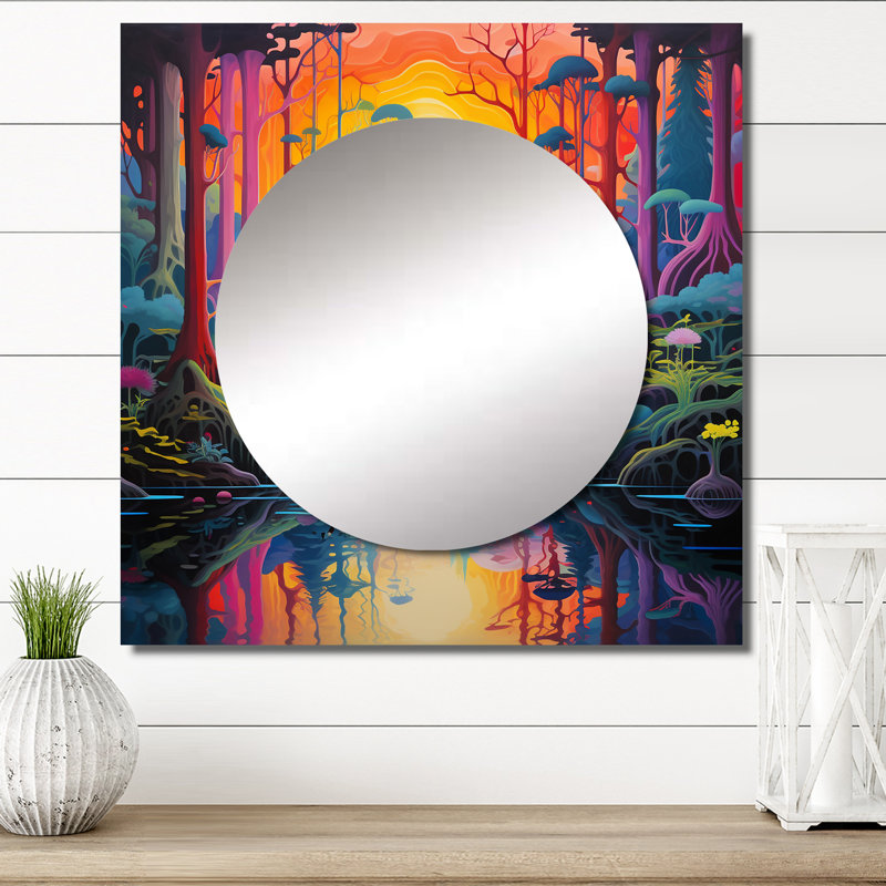 Divine Dreams Sun Rising Cosmic Forest River I - Christianism Square Mirror Wall Decor For Bedroom, 23" x 23"