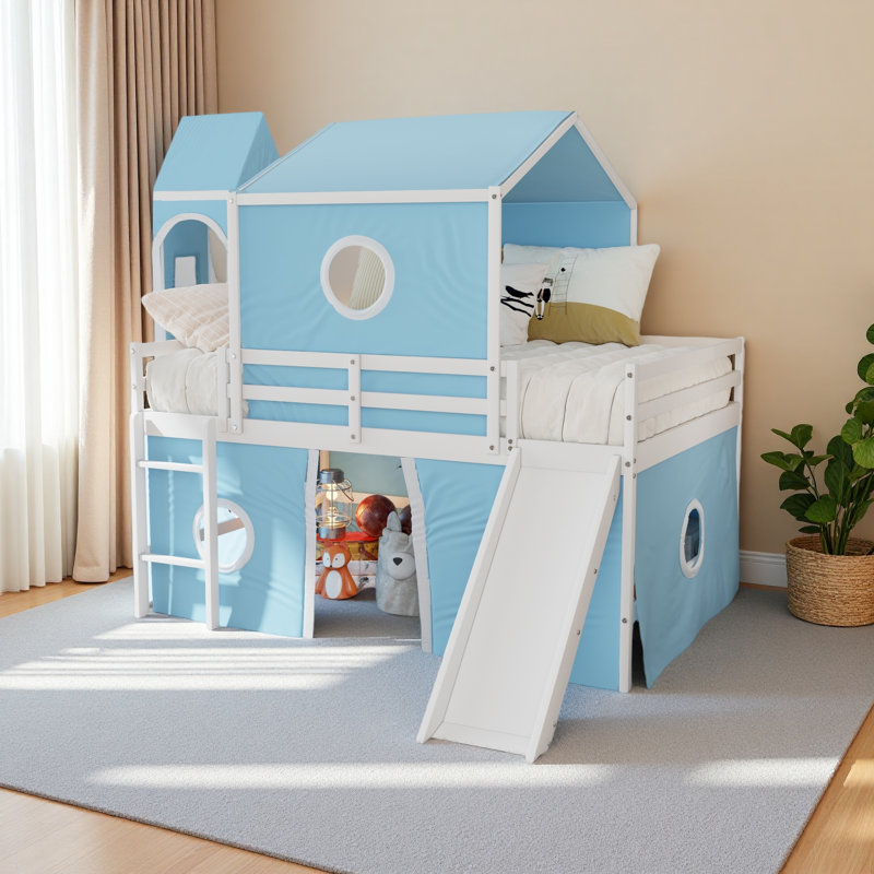 Lit mezzanine double avec tente coulissante et tour, Bleu