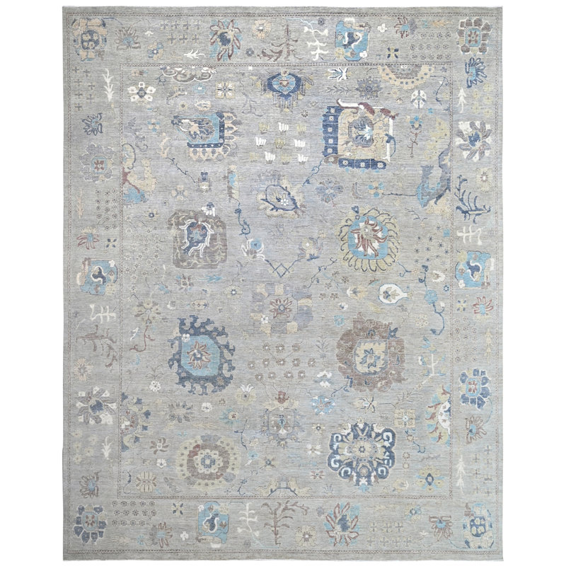 Hand Knotted Wool Area Rug in Silver