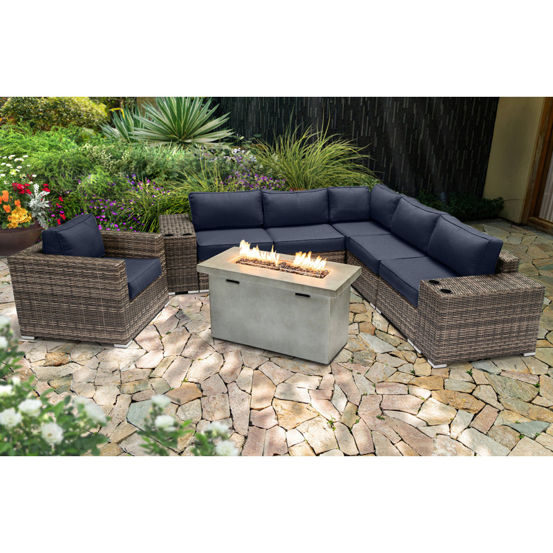 Ensemble de conversation modulaire 9 pièces avec coussins Sunbrella et foyer Lsi, Sunbrella bleu marine