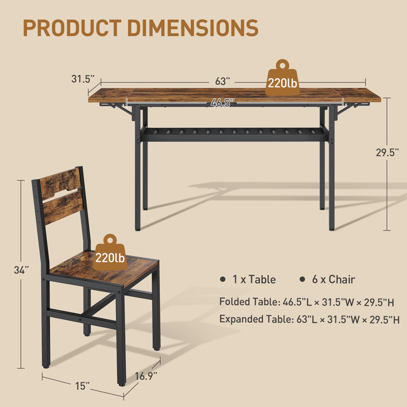 Ensemble de table de salle à manger pliable et extensible pour 6 personnes, 7 pièces : table, 6 chaises
