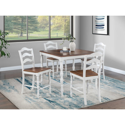 Table de salle à manger 5 pièces à hauteur de comptoir, table en chêne avec 4 chaises à dossier, bois blanc, style pour la cuisine et installation à la maison, finition attrayante