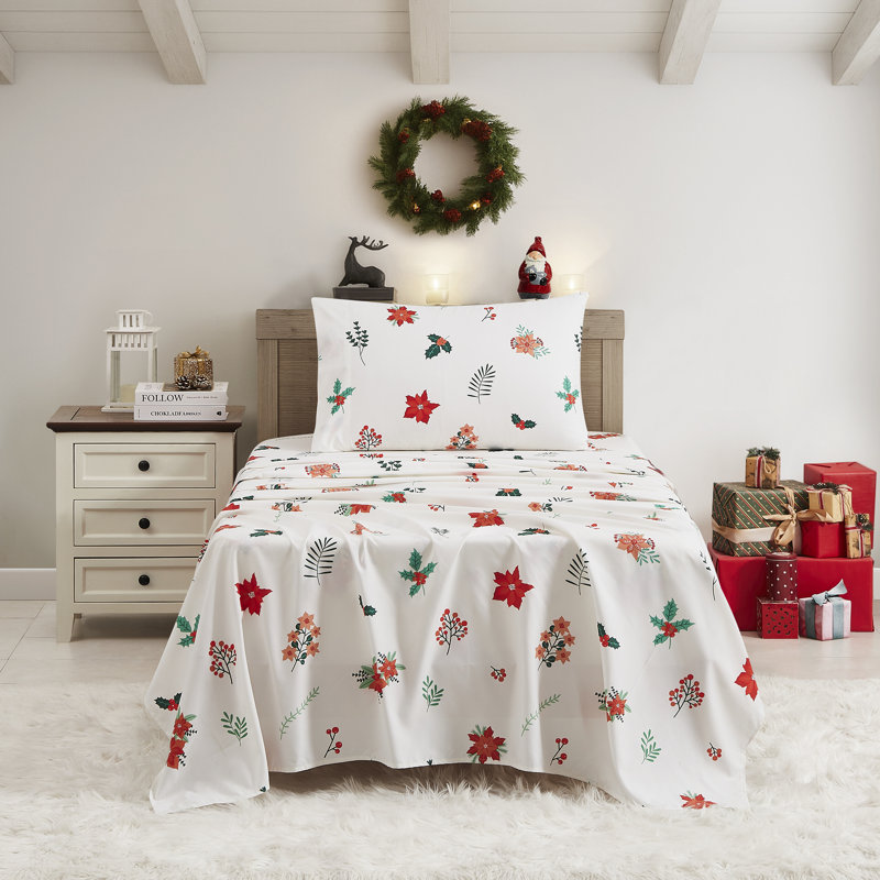 Printed Holiday 3Pc Sheet Sets, Easy Care, Soft & Wrinkle-Resistant Holiday Bedding - Poinsettia, Twin