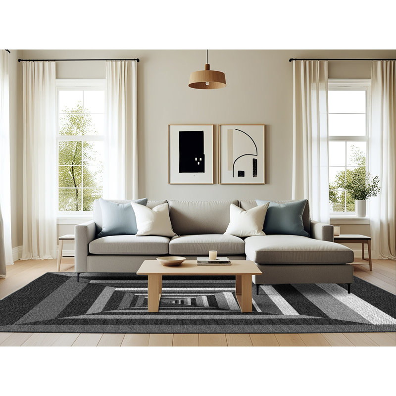 Tapis géométrique noir / gris, Rectangle 6 pi x 9 pi