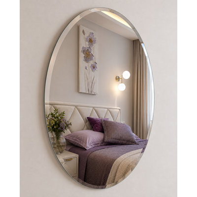 Frameless Beveled Oval Wall Mounted Vanity Accent Mirror for Bedroom, Bathroom, Living Room, or Entryway
