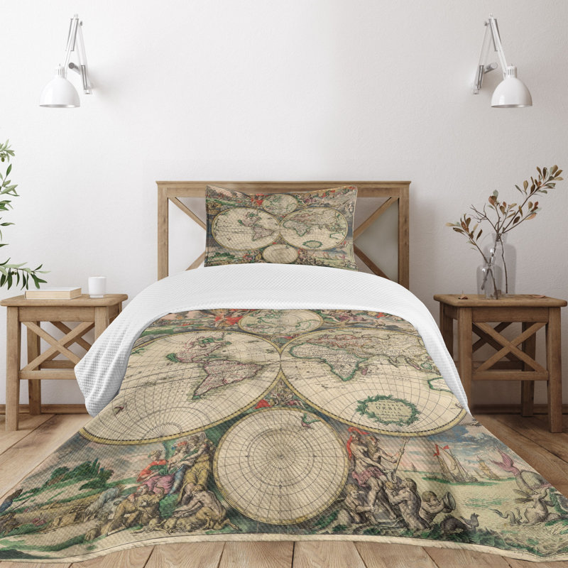 Twin White Quilted World Map Bedspread Set