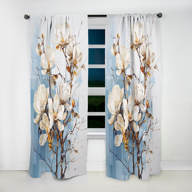 White Elegance In Magnolias IV - Magnolias Curtain - Room Darkening Floral Curtain - 1 Panels, 52" W x 90" L