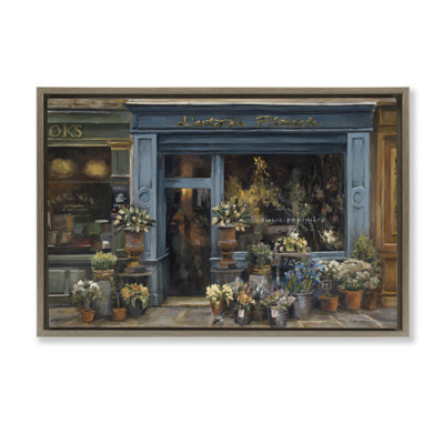 Fleuriste, devant une ville, art encadré flottant par Marilyn Hageman