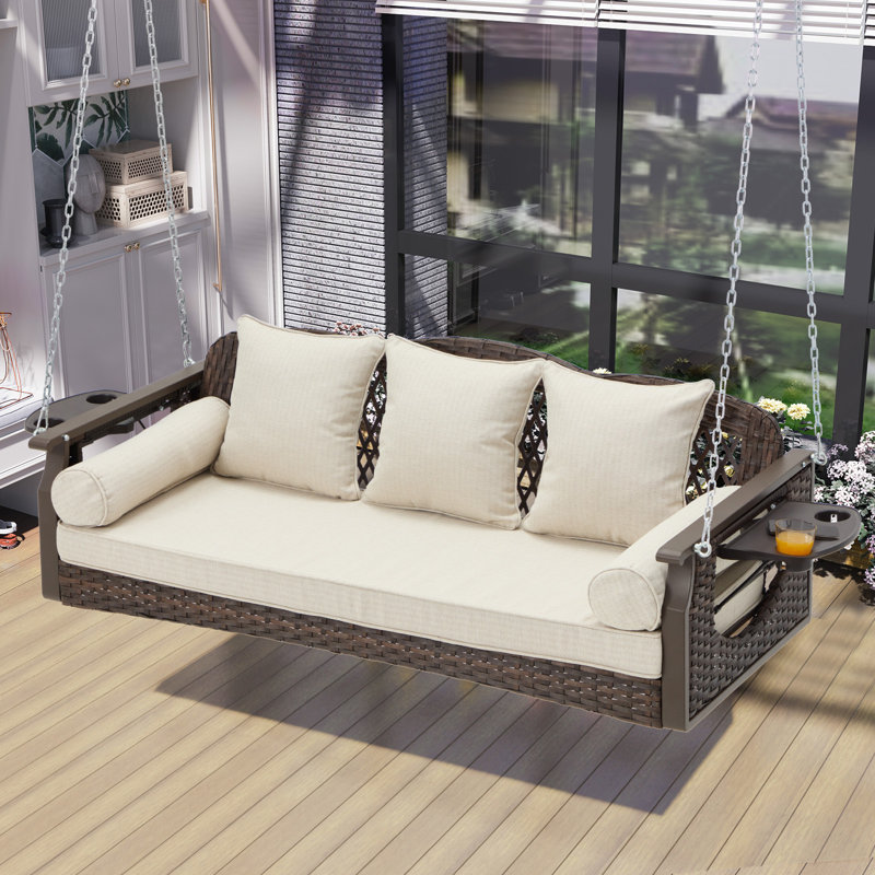 Balancelle de patio en osier 3 places avec porte-gobelets et 3 coussins de dossier, Beige