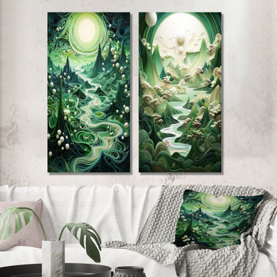 Fantasy Emerald Levitating Landscapes - Surrealism Canvas Prints Set Of 2