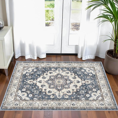 Washable Hallway Rug: Oriental Non-Slip Rugs for Entryway Living Room Floral Stain Resistant Long Kitchen Bathroom Carpets Accent Low Pile Floor Mat for Dining Room Bedroom (Blue)