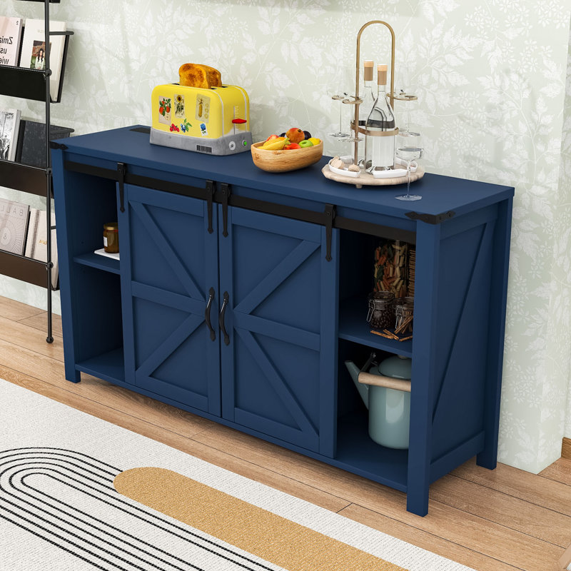 Farmhouse 4 Drawers Sideboard Buffet Cabinet with Sliding Doors, Built-In Power Outlet and Ample Storage, Navy Blue