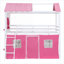 Lit plateforme simple en bois massif avec lit superposé simple avec tente et rebord de fenêtre pour chambre d'enfant, rose et blanc doux