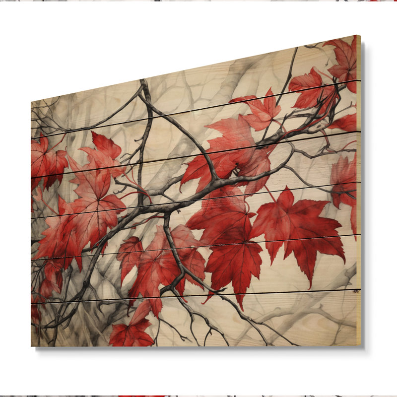 Feuilles rouges et grises sur un arbre VII sur bois, H 30 po x l 40 po x P 0,78 po