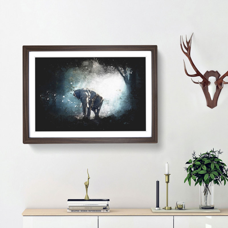 Elephant Roaming In A Green Forest Paint Splash - Picture Frame Graphic Art, 45cm H x 63cm W x 2cm D, Walnut Framed