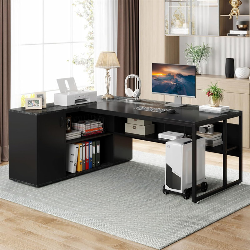 71" L-Shaped Executive Desk With Storage Cabinet & Shelves(Not Including Chair), Gray, Brown/Gray