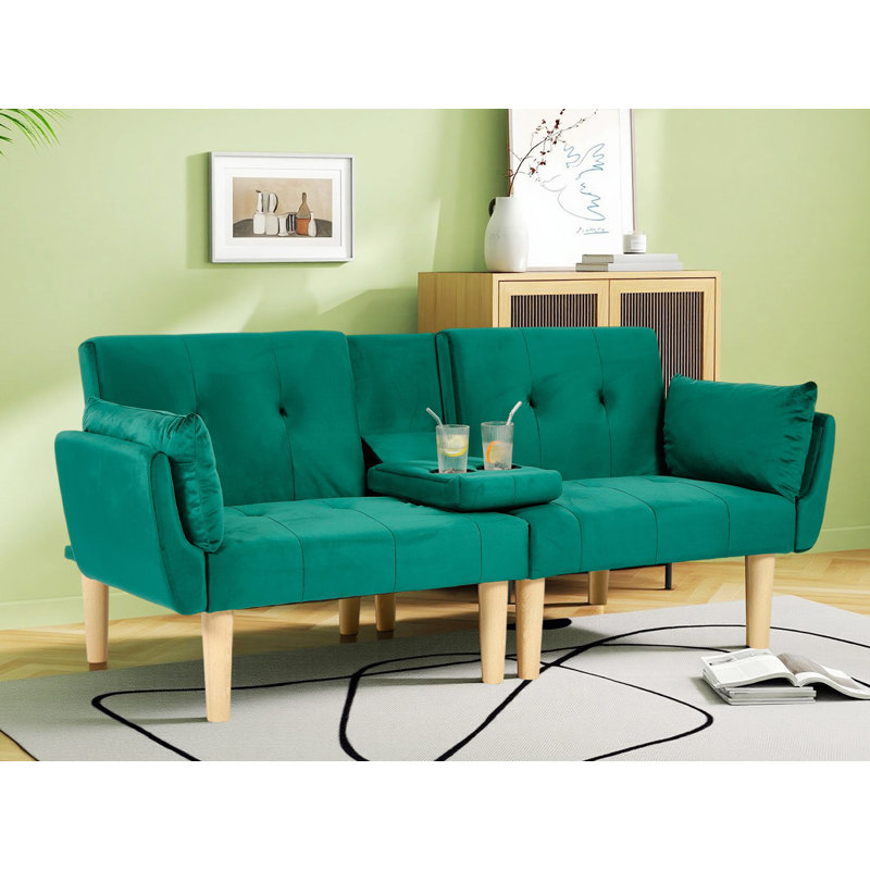 Canapé-lit futon Allen de 82 po en velours capitonné, Vert, Naturel