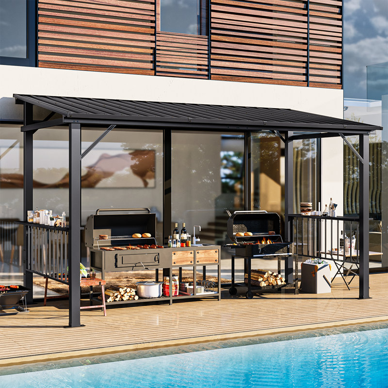 12  x 6 Ft Outdoor Grill Gazebo with Side Shelves, Galvanized Steel Lean-to Patio Shelter  for BBQ, Backyard, Poolside