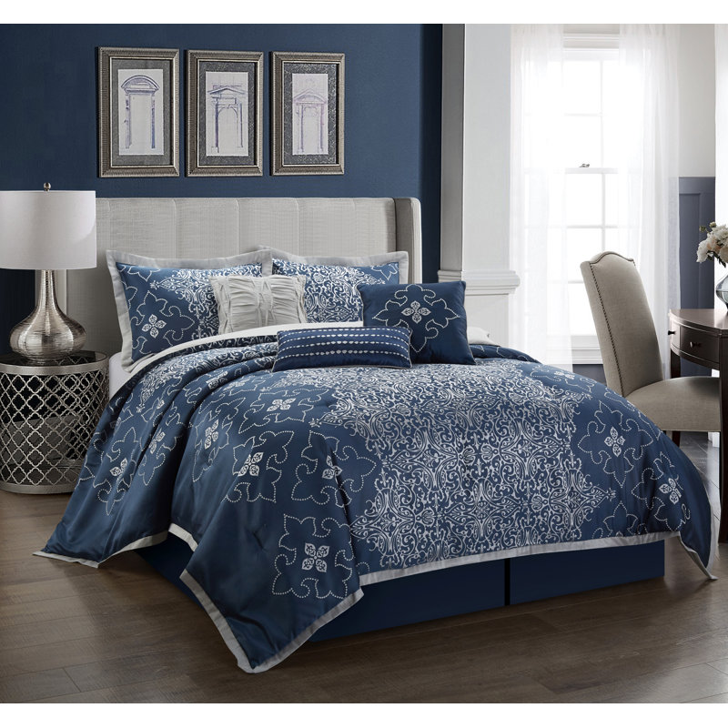 Kelton Comforter Set, Queen Comforter + 6 Additional Pieces, Navy/Silver