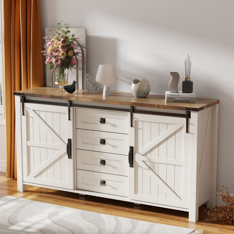 60'' Farmhouse Dresser Chests with 4 Drawers and 2 Cabinets, White