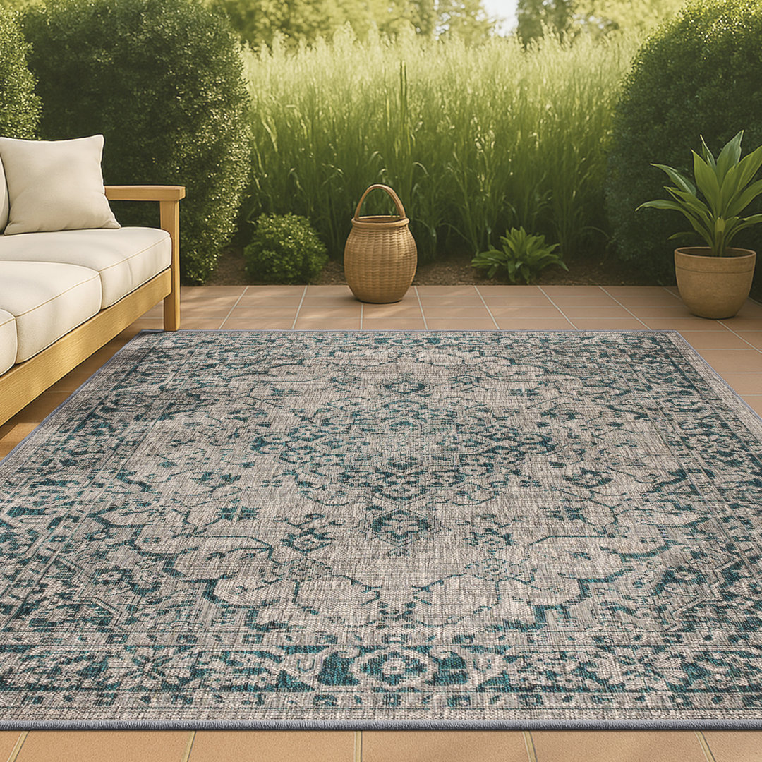 Nate Boho Medallion Textured Weave Gray/Teal Indoor/Outdoor Rug Bungalow Rose Rug 