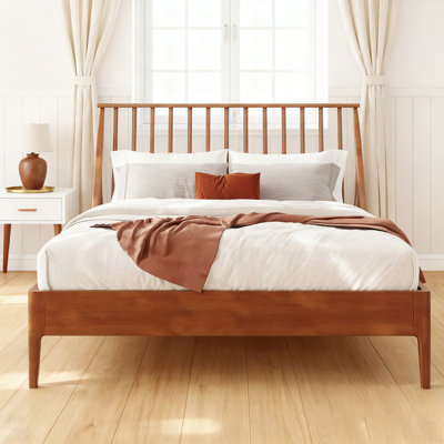 Solid Bamboo Wood Spindle Platform Queen Bed With Tall Headboard, Bohemian Mid-Century Modern Style, No Box Spring Required, Brown