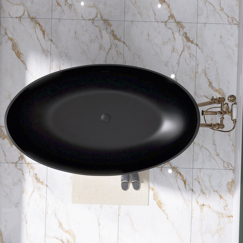 63 In. X 37 In. Solid Surface Freestanding Flatbottom Soaking Bathtub, Black