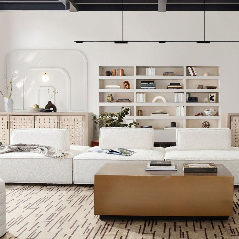 Chaise longue modulaire carrée 3 pièces en tissu bouclé ivoire avec dossier mobile et antidérapant Cara