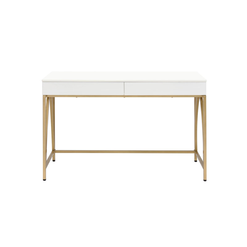 Bureau d'écriture avec 2 tiroirs à finition brillante et dorée Lightmane, parfait pour les bureaux à la maison modernes et élégants