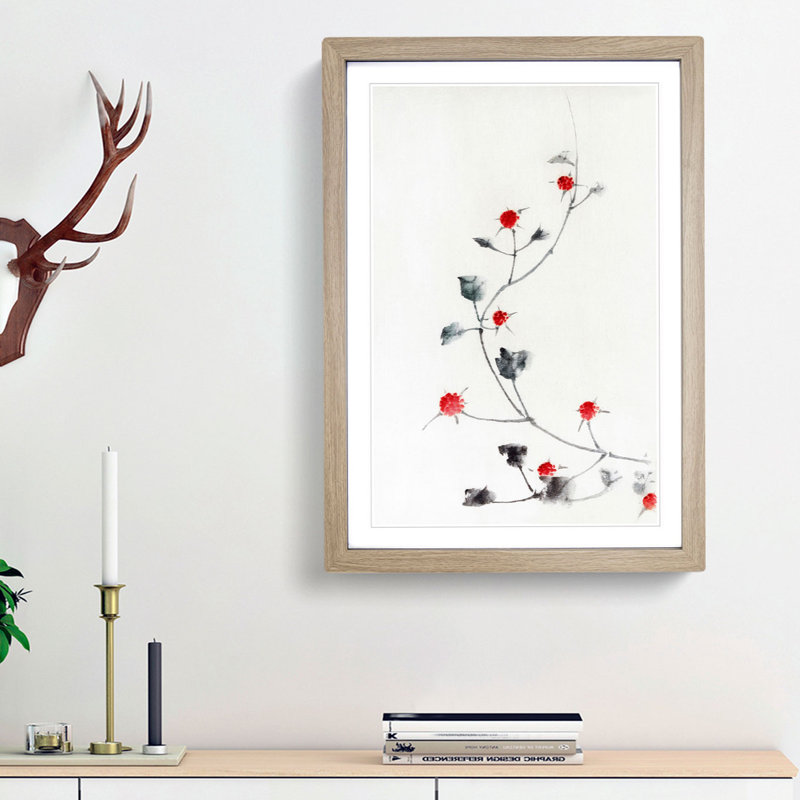 Small Red Blossoms on a Vine by Katsushika Hokusai - Picture Frame Painting Print, 87cm H x 62cm W x 2cm D, Oak Framed