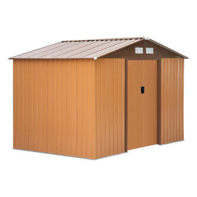 Yellow Outdoor Storage Shed 9.1' L X 6.4' W 6.3' H, With Foundation, 4 Vents And 2 Easy - Sliding Doors, Ideal For Backyard, Patio, Lawn Spacious Garden Tools Care Utensils, Steel Frame, Sloped Roof