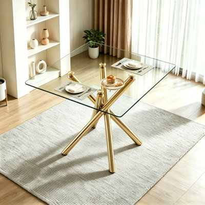 Square Counter Height Bar Table with Shatter-Resistant Glass Top, Gold Cross-Leg Base, Ideal for Kitchen Island & Home Bar Use