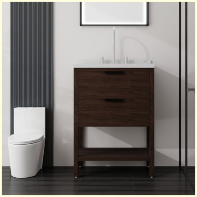 Meuble-lavabo autoportant de 24 po avec lavabo, porte à fermeture en douceur, comptoir et dosseret en marbre de culture blanc de 2 po Carrara, contreplaqué, brun