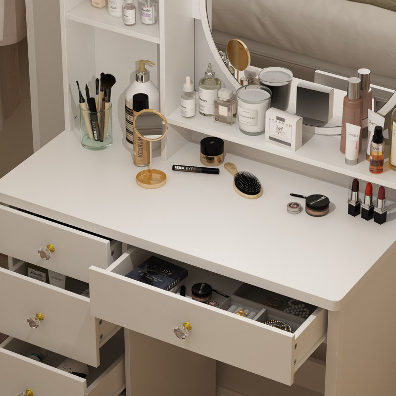 Coiffeuse élégante avec miroir rond et tabouret rembourré - Rangement spacieux pour les essentiels de beauté, Blanc