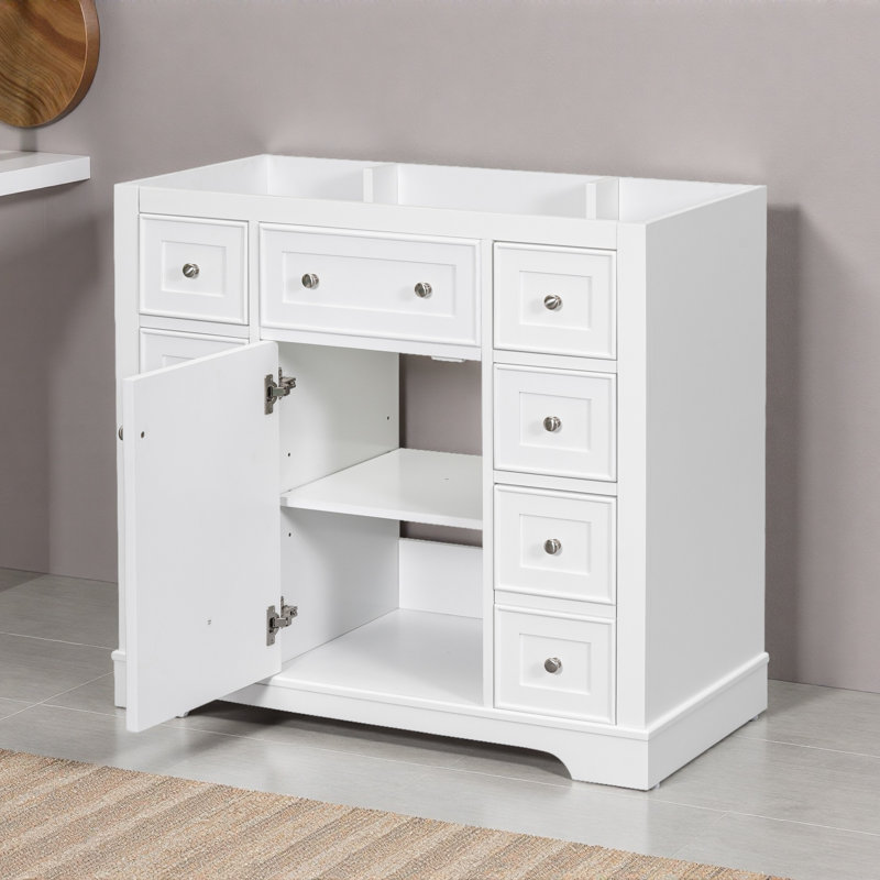 Meuble-lavabo de salle de bain sans lavabo, base d'armoire seulement, une armoire et six tiroirs, Blanc