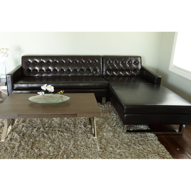 Sloan Sectional– Modern RIGHT Arm Facing Sectional Sofa with Tufted Back, Chaise Lounge, Stainless Steel Legs- Faux/Vegan Leather Sectional - Black SectionaL