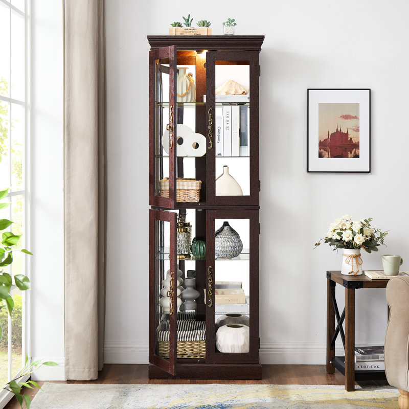Glass Storage Display With Illuminated Feature And Movable Shelves - Dark Cherry Case Sophisticated Lighting System Quiet Door 12.42 In. Wide