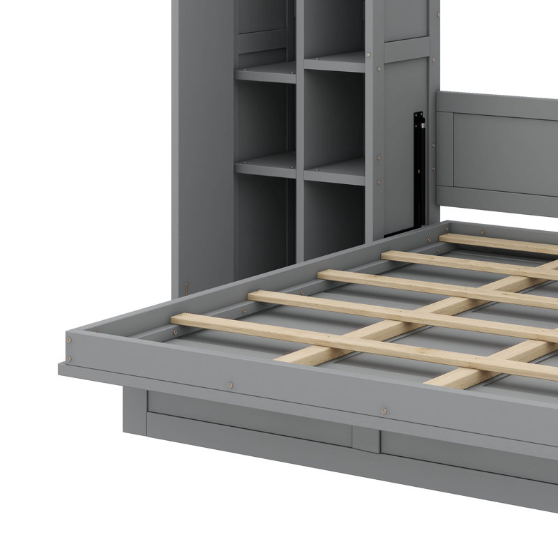 Lit escamotable double pleine grandeur avec tablettes, garde-robe et éclairage DEL, Gris, Lit double