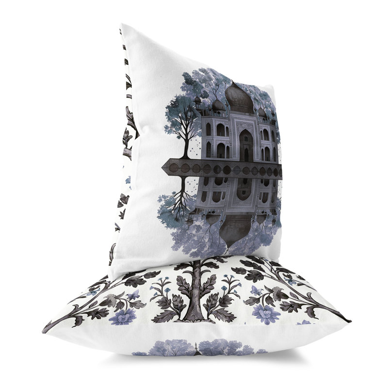 Coussin décoratif intérieur / extérieur Mughal Waterside Paradise, H 26 po x l 26 po, Brun/vert
