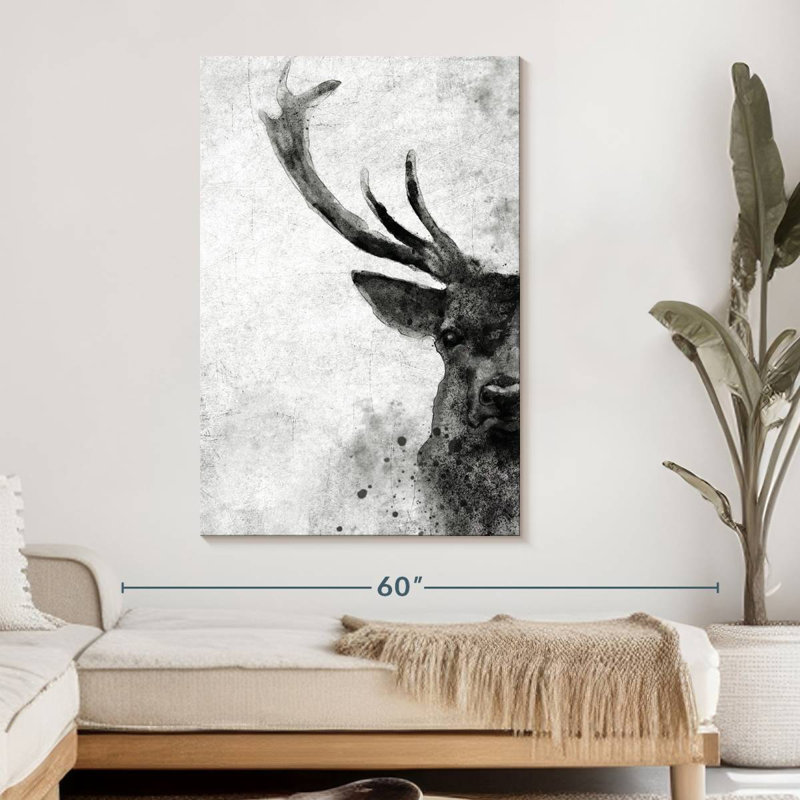 Visage de cerf noir et blanc sur toile, H 48 po x l 32 po x P 1,25 po
