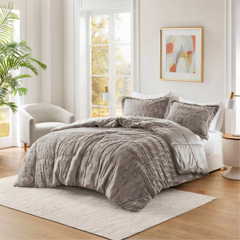 Ensemble de 3 mini-édredon en fausse fourrure unie gris, King Comforter + 2 Pillow Shams