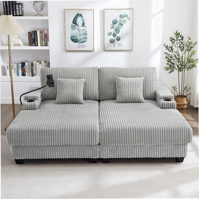 Canapé moderne avec méridienne 75,5 po Canapé-lit Canapé-lit avec dossier réglable, porte-gobelets, porte-téléphone et compartiments de rangement pour le salon