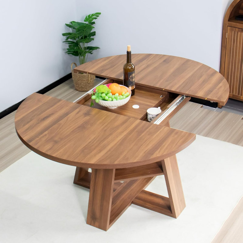 Table de salle à manger extensible ronde 43,3 "à 59" pour 4-8 personnes avec tablette de rangement, Noyer