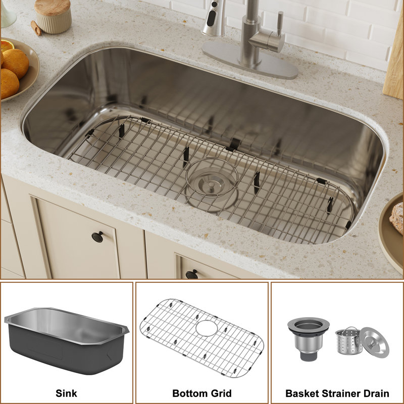 32'' Brushed Stainless Steel Undermount Single Bowl Kitchen Sink