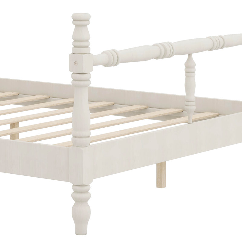 Ensemble de lit plateforme à baldaquin avec 2 tables de chevet et 3 pièces, Blanc rétro, Grand