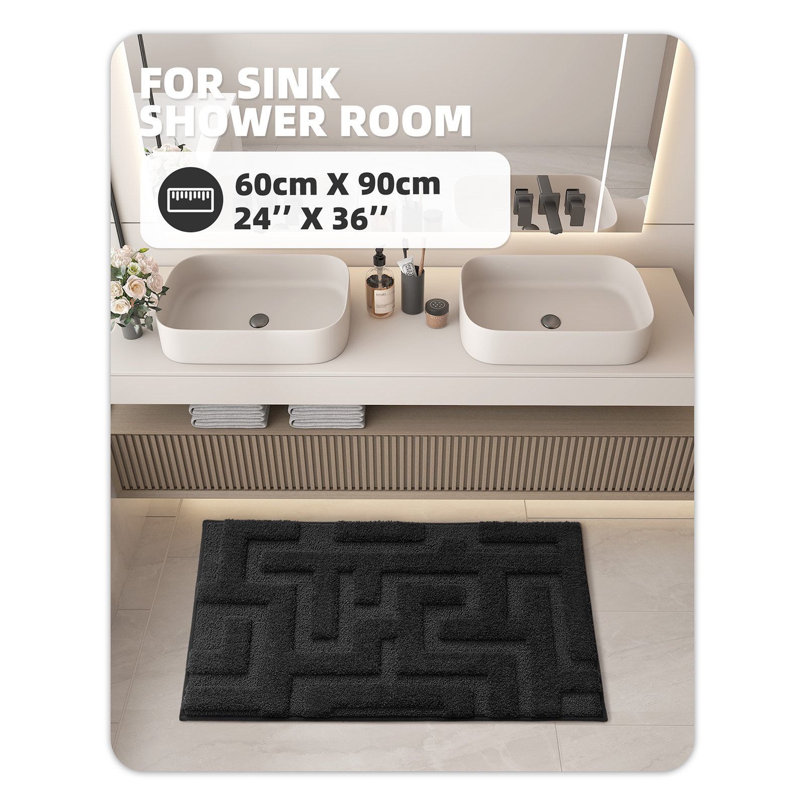 Non-Slip Bath Rug, Black, 24" L x 36" W
